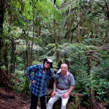 Marion and Tommy in the jungle between Machame gate and camp on foot of Kilimanjaro